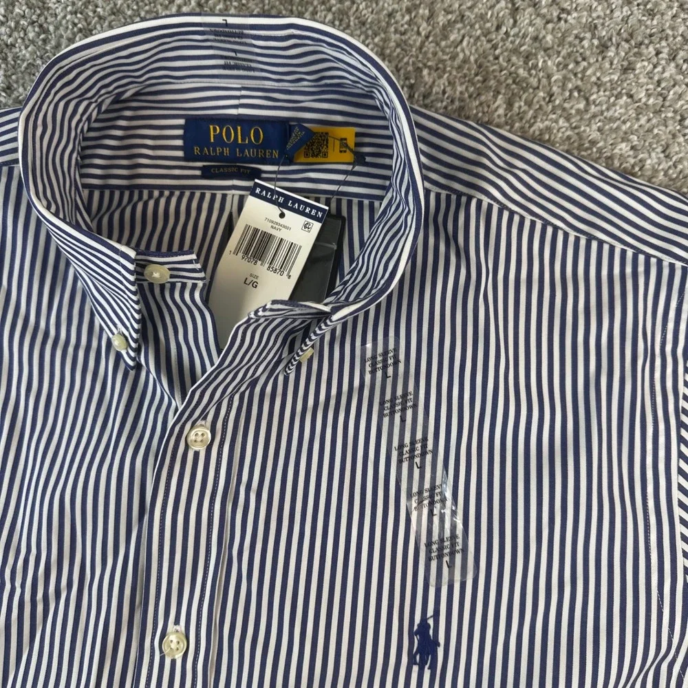 Polo Ralph Lauren Button Down Shirt Mens Large Navy Striped Classic Fit NWT